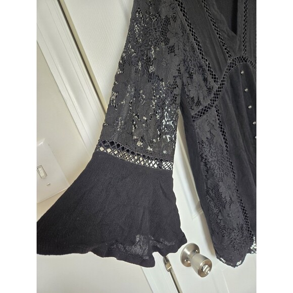 Rumor Babydoll Mini Dress Shirt Lace SZ 12  Black Bell Sleeve Y2k Whimsical Goth - Picture 9 of 16